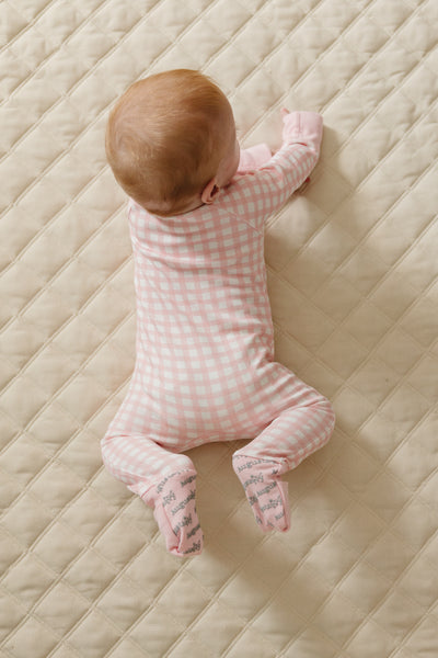 August & Ivy organic Pima cotton zip romper for babies, soft and comfortable with a front zipper and playful design.