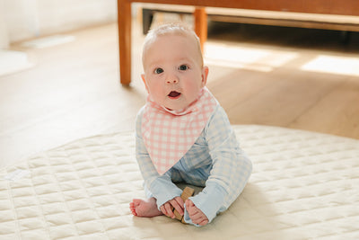 Organic Pima Cotton bandana bib by August & Ivy™ with stylish, soft fabric and trendy design for babies.