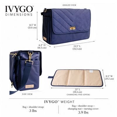 IvyGo™: The Everyday Companion by August & Ivy, showing dimensions and features of the versatile, stylish product.