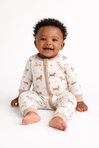 August & Ivy Organic Pima Cotton romper for babies, soft and breathable with short sleeves and snap closures.