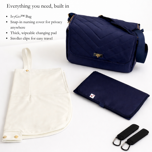 Everything included with the August & Ivy IvyGo diaper bag including structured diaper bag, nursing privacy cover, wipeable changing pad, and stroller clips.